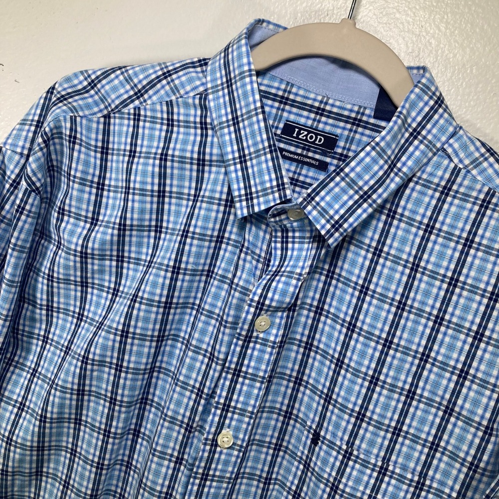 IZOD Premium Essentials Mens Blue White Plaid Button Down Shirt Large L